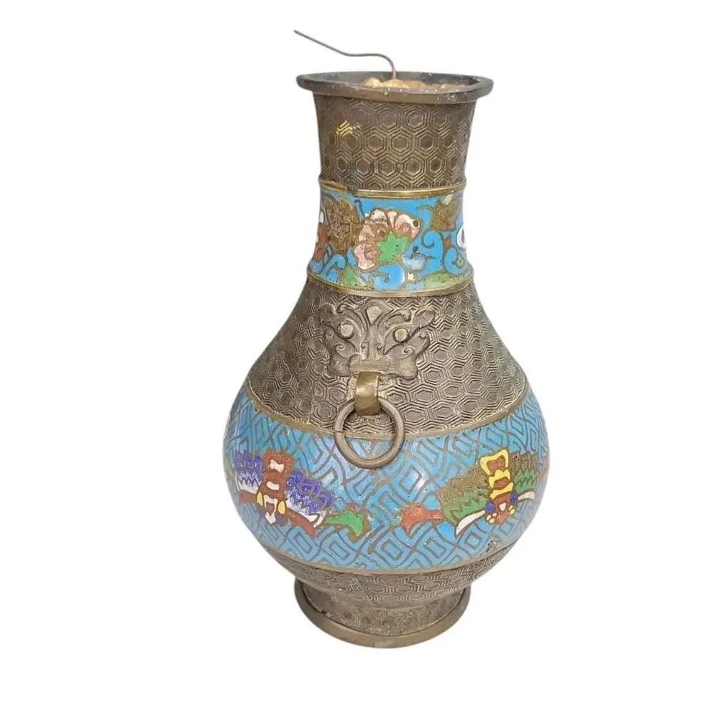 Japanese Champleve Vase Enamel Floral Water Lilies Ring Handles